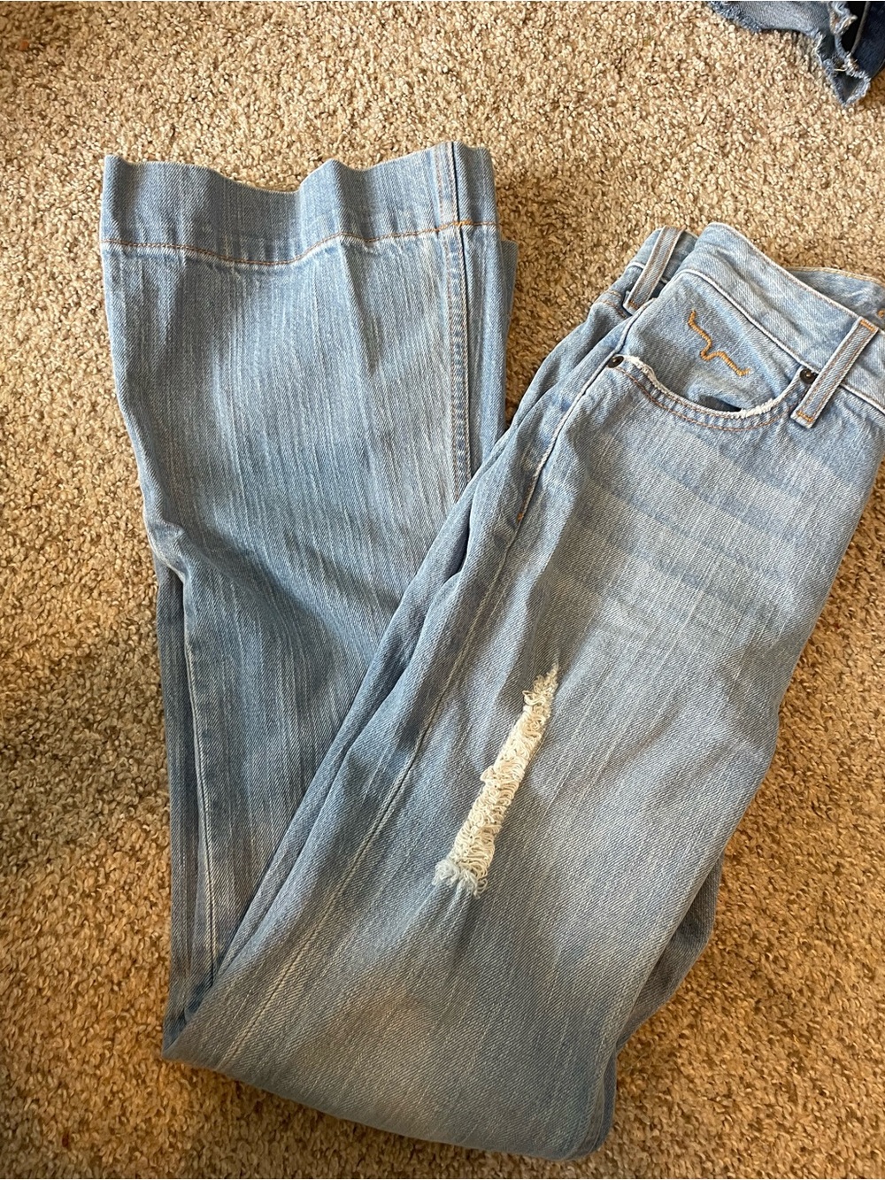 Kimes Ranch Light Blue Boot Cut Jeans with Distressed Detail